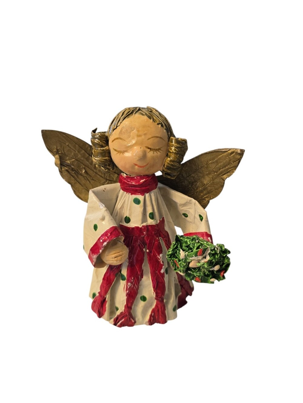 Vintage Paper Mache Angel Holding Wreath Tree Table Topper Handmade 6" *READ*